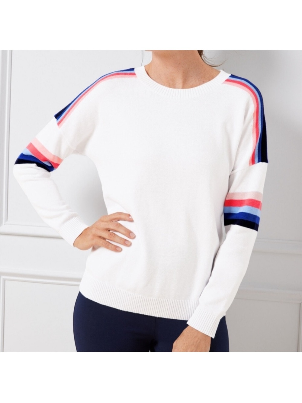 Talbots Women’s White Crewneck Sweater with Coral and Navy Stripe Detail